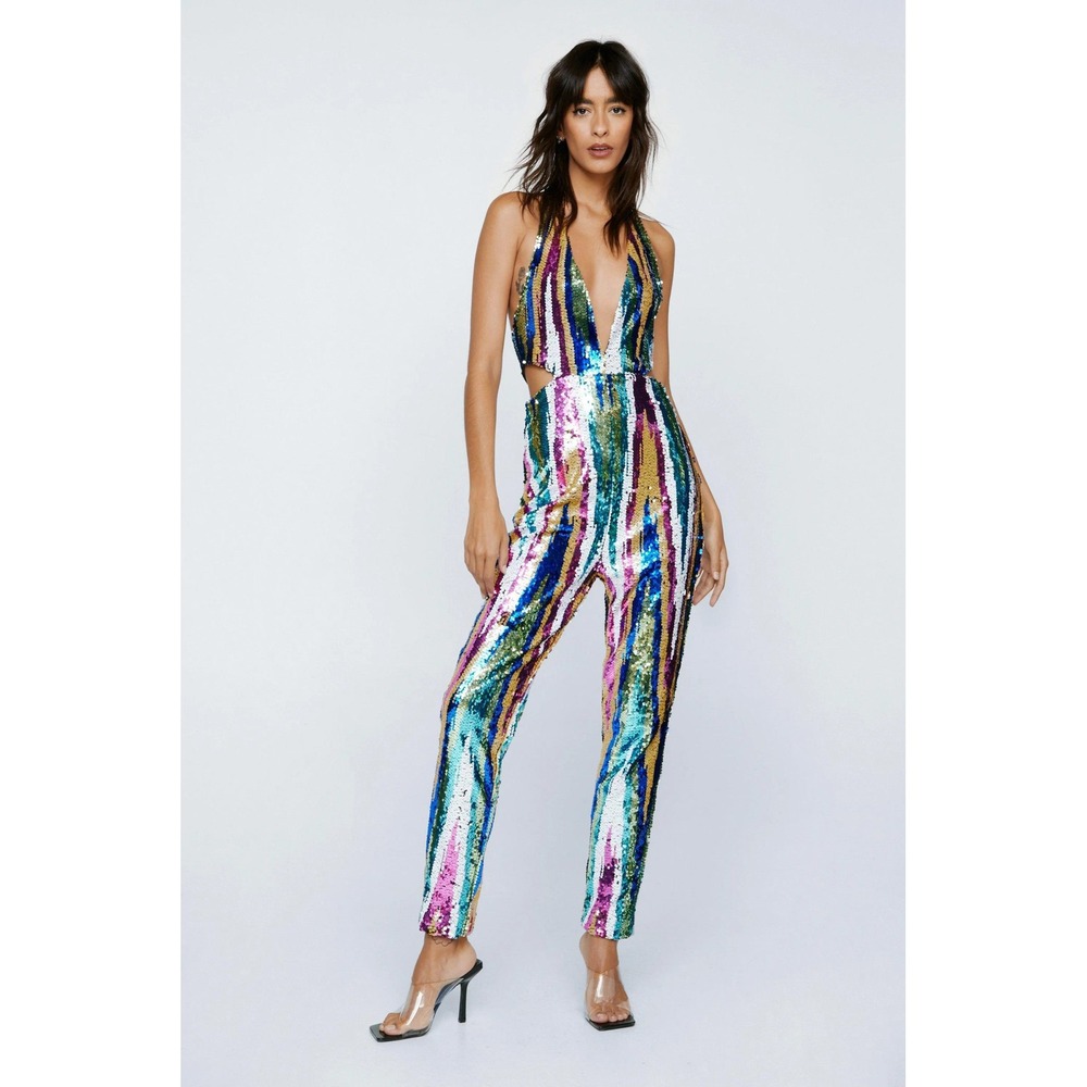 Nasty Gal Stripe Sequin Halterneck Cut Away Jumpsuit Pink Multi US 4 BGG16491